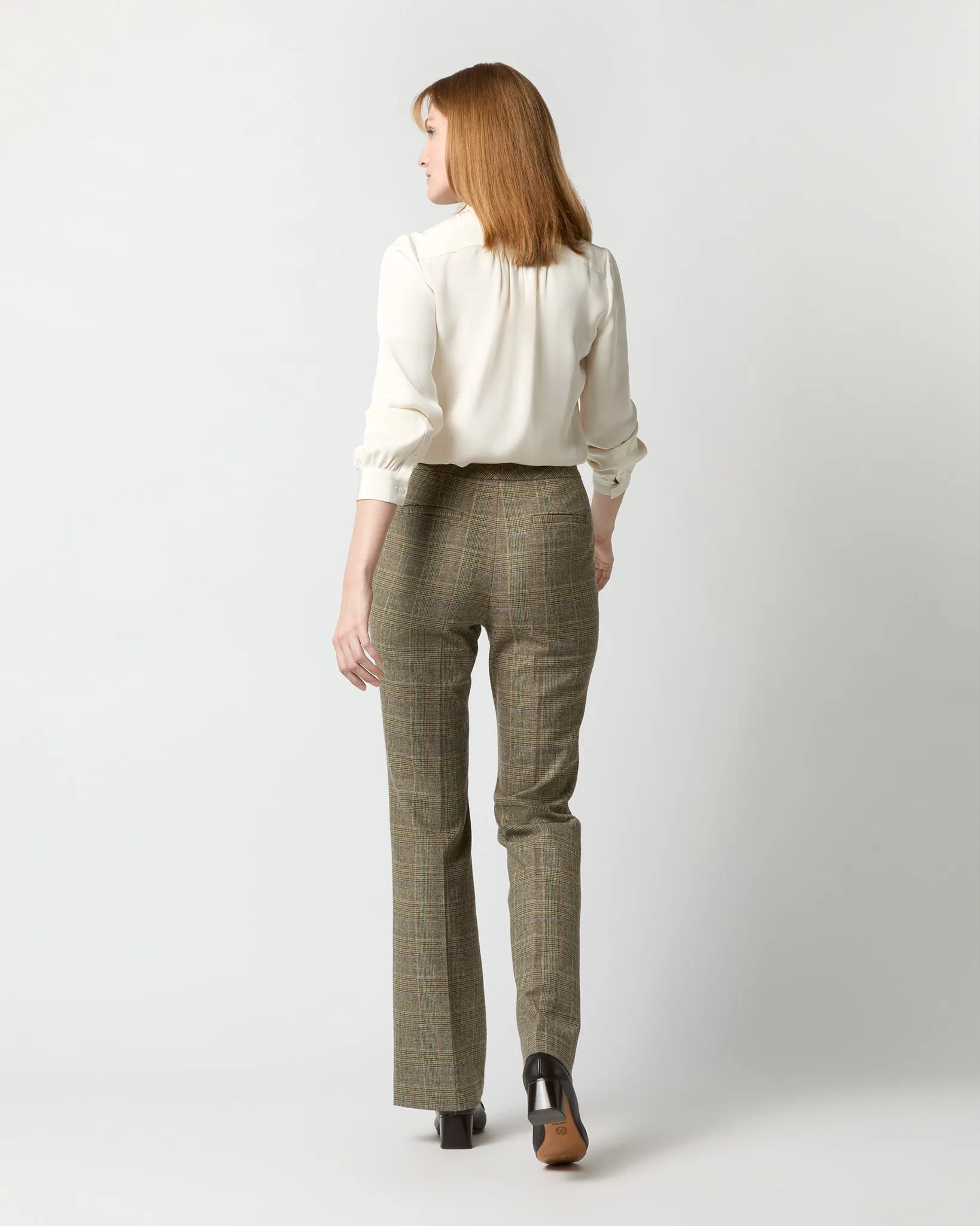 Norah Flare Pant in Brown/Green Plaid Wool Blend