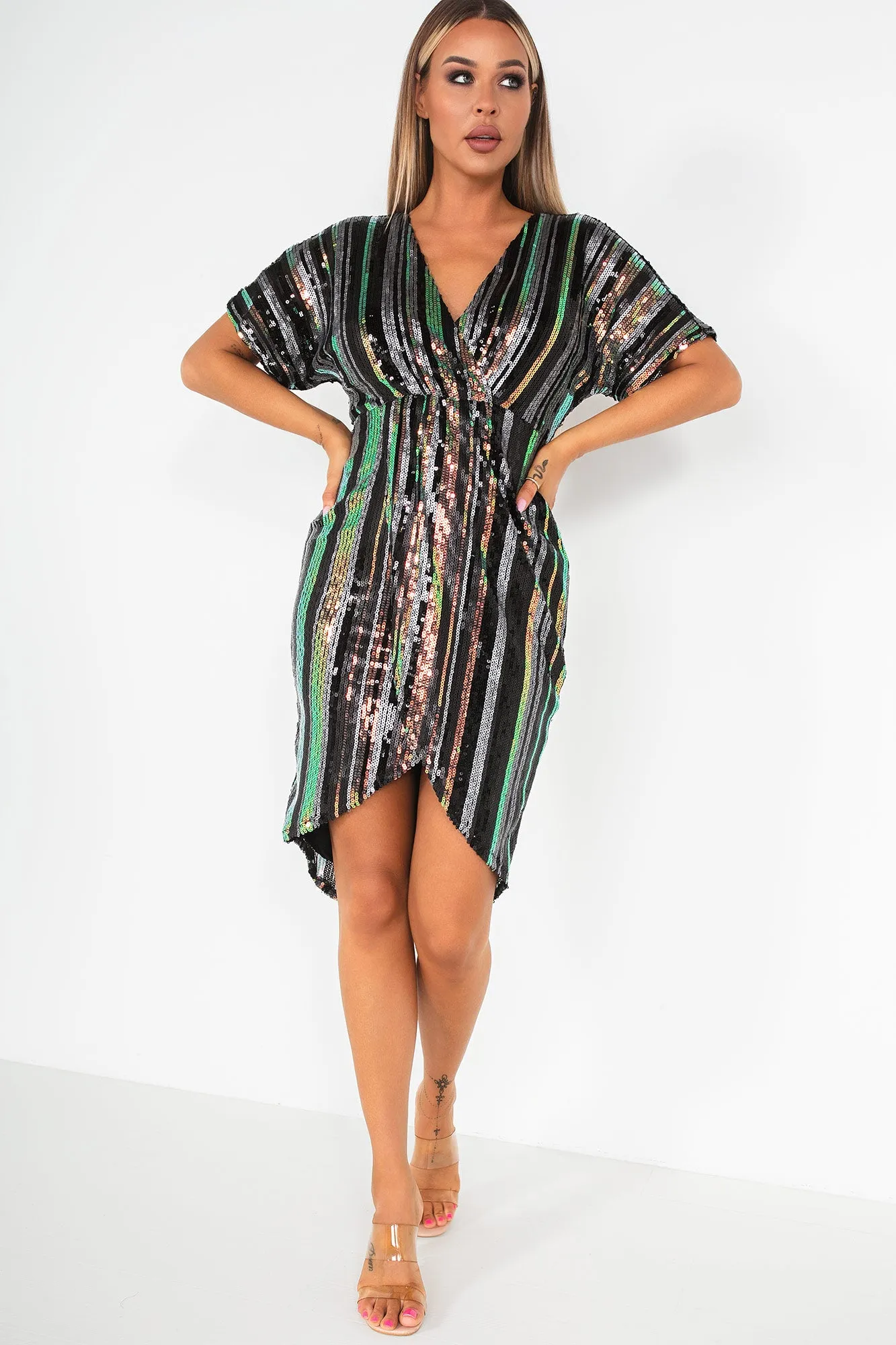 Novah Multi Stripe Sequin Wrap Dress