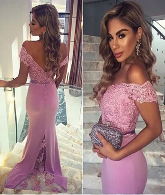 Off Shoulder Sweetheart Neck Mermaid Purple Lace Prom Dresses, Lace Formal Dresses, Off Shoulder Bridesmaid Dresses