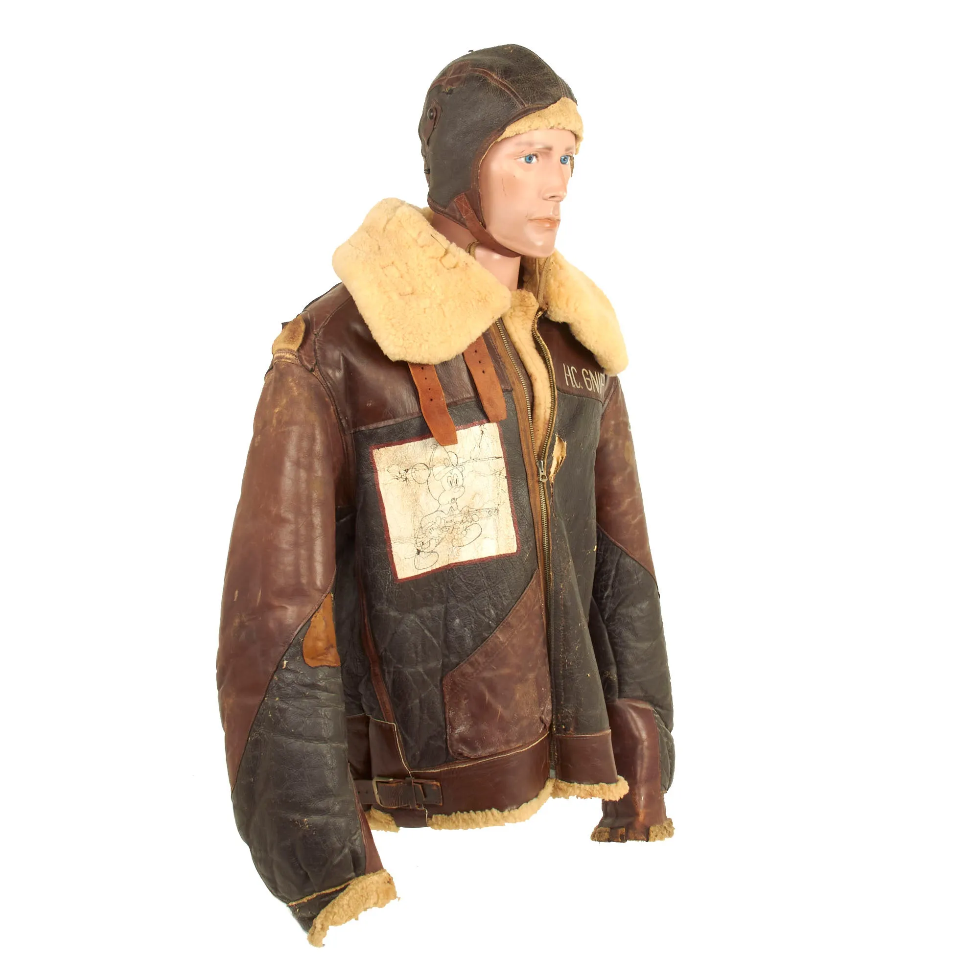 Original U.S. WWII 306th Bombardment Group B-3 Sheepskin Bomber Jacket Featuring Disney’s Mickey Mouse With Flight Cap and Gloves Set