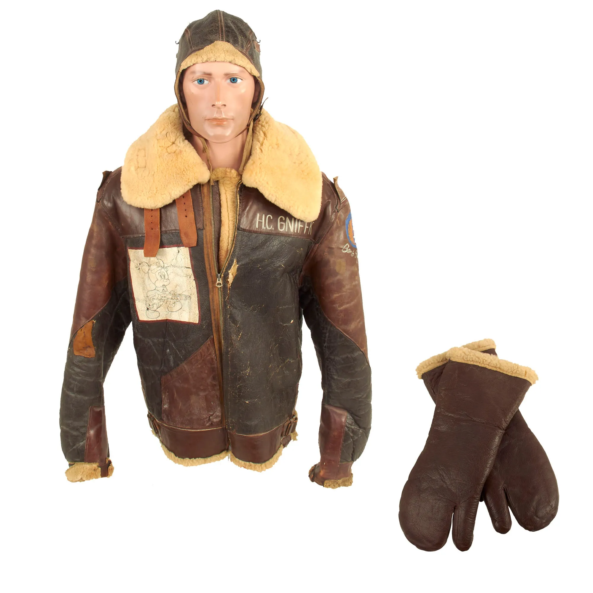 Original U.S. WWII 306th Bombardment Group B-3 Sheepskin Bomber Jacket Featuring Disney’s Mickey Mouse With Flight Cap and Gloves Set