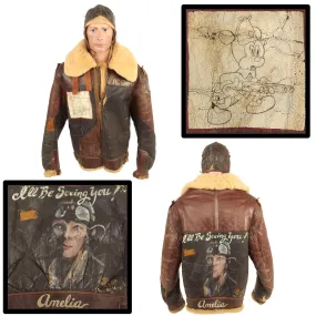 Original U.S. WWII 306th Bombardment Group B-3 Sheepskin Bomber Jacket Featuring Disney’s Mickey Mouse With Flight Cap and Gloves Set