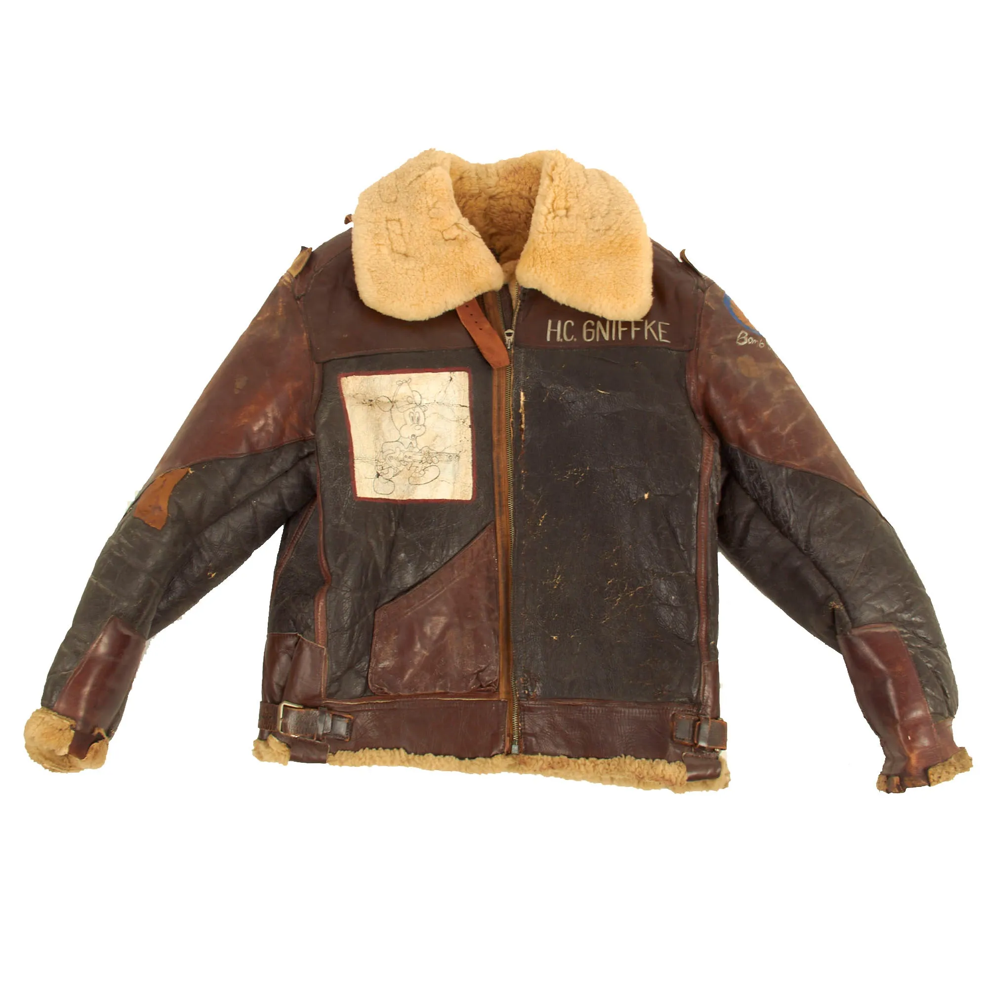 Original U.S. WWII 306th Bombardment Group B-3 Sheepskin Bomber Jacket Featuring Disney’s Mickey Mouse With Flight Cap and Gloves Set