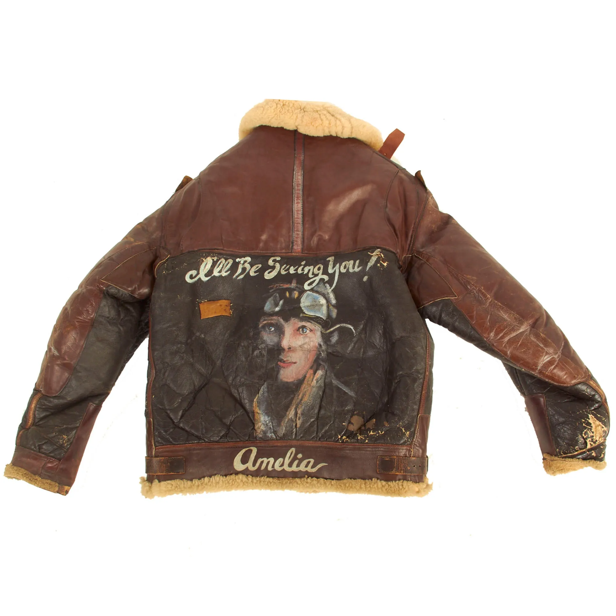 Original U.S. WWII 306th Bombardment Group B-3 Sheepskin Bomber Jacket Featuring Disney’s Mickey Mouse With Flight Cap and Gloves Set