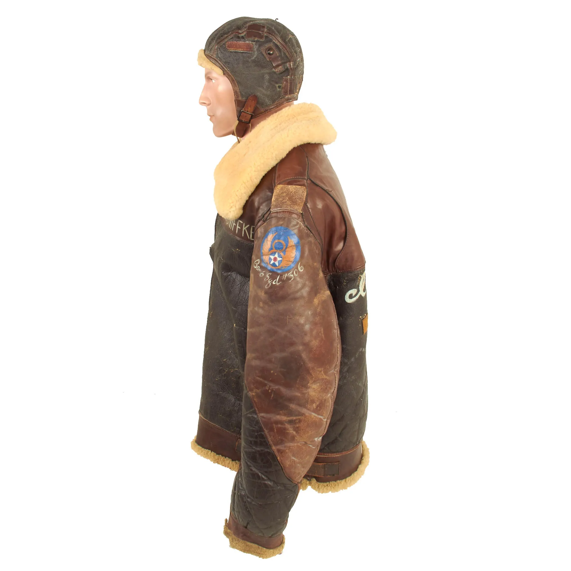 Original U.S. WWII 306th Bombardment Group B-3 Sheepskin Bomber Jacket Featuring Disney’s Mickey Mouse With Flight Cap and Gloves Set