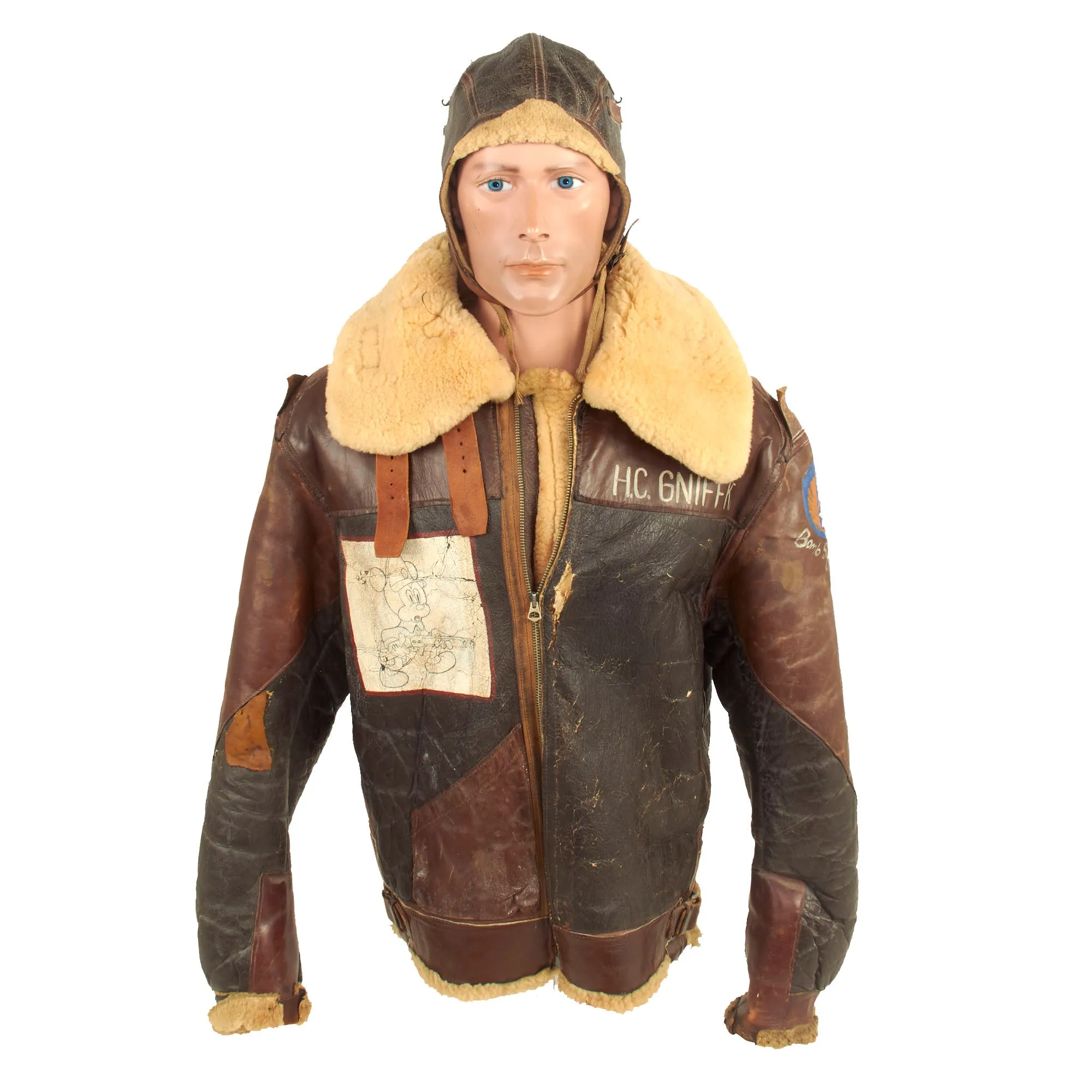 Original U.S. WWII 306th Bombardment Group B-3 Sheepskin Bomber Jacket Featuring Disney’s Mickey Mouse With Flight Cap and Gloves Set