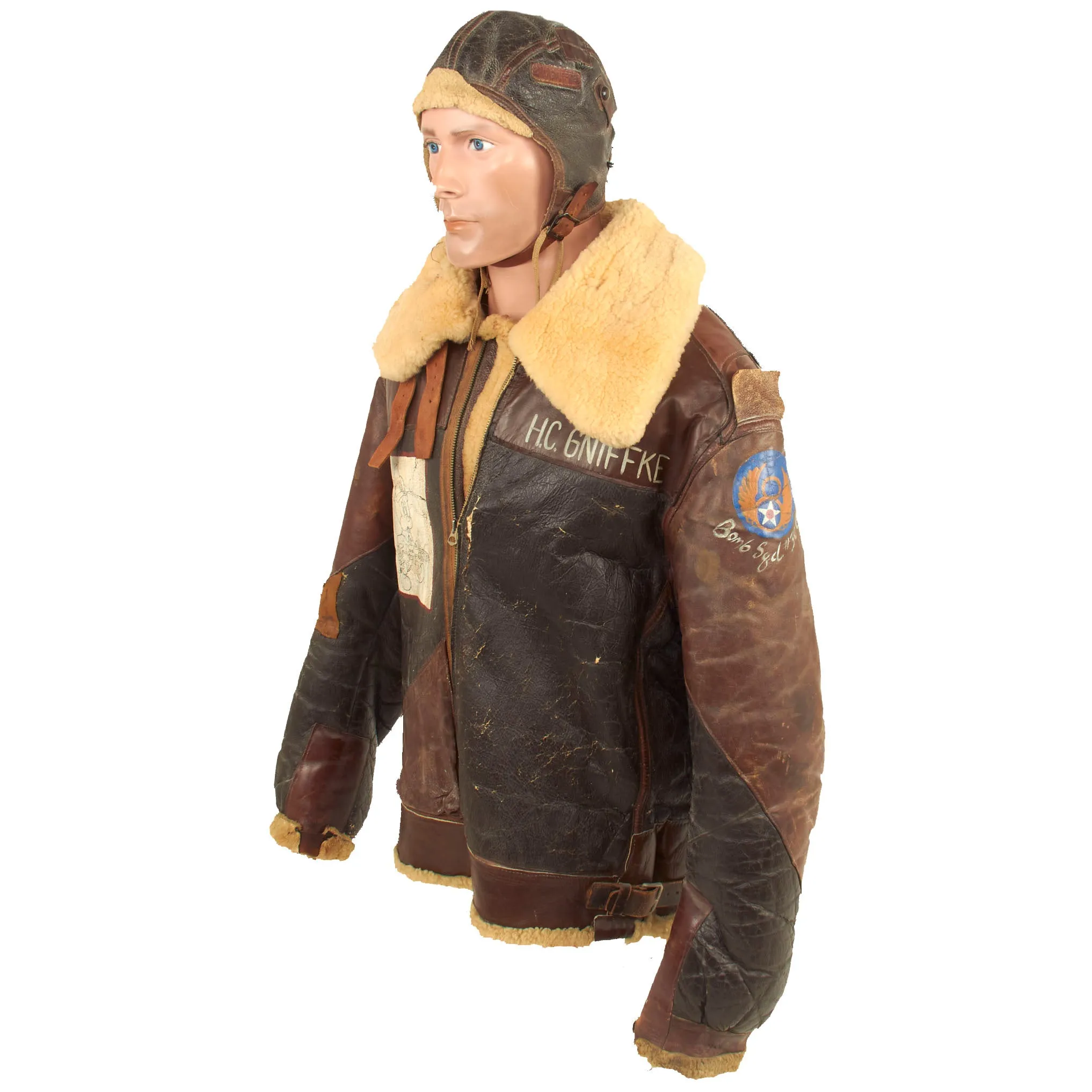 Original U.S. WWII 306th Bombardment Group B-3 Sheepskin Bomber Jacket Featuring Disney’s Mickey Mouse With Flight Cap and Gloves Set