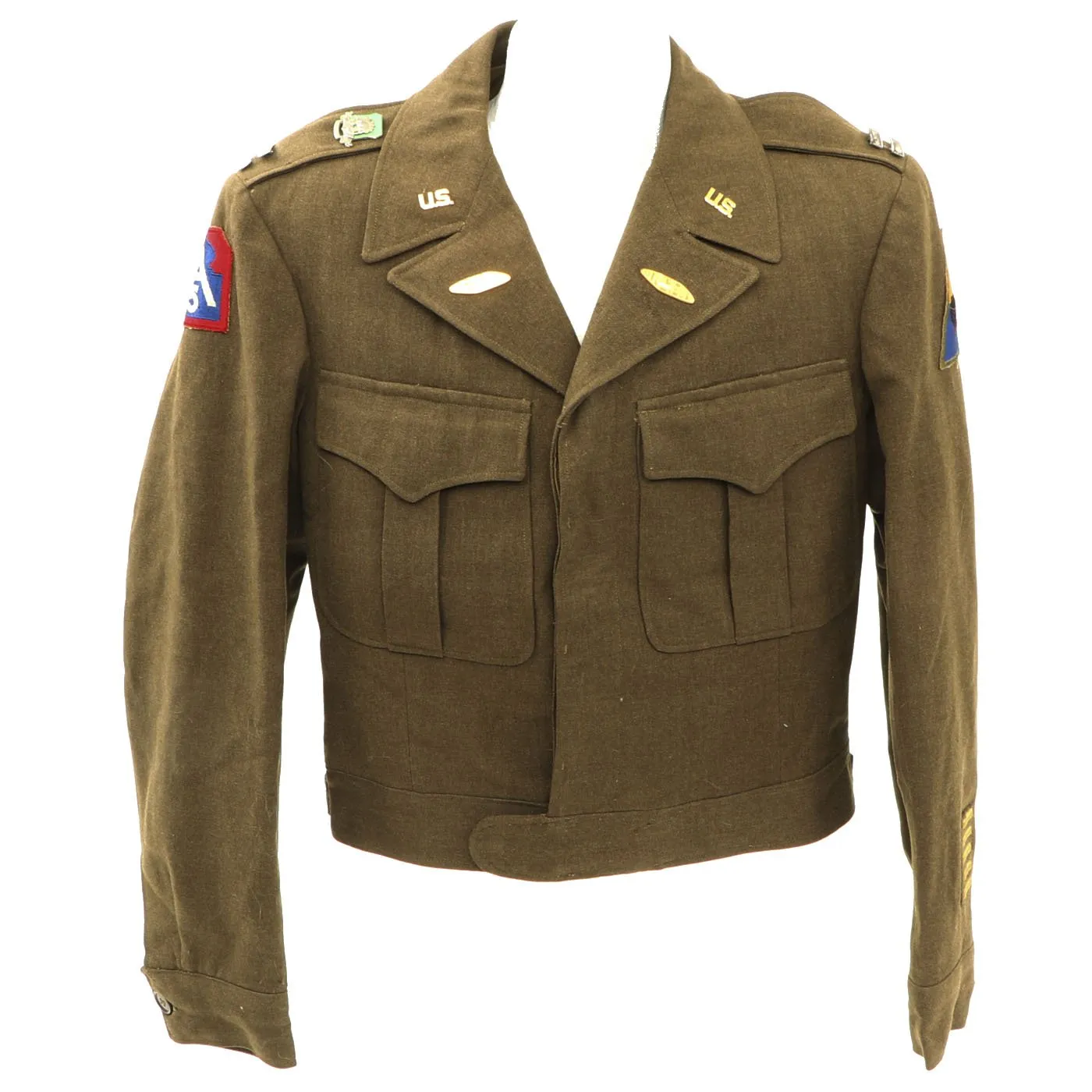 Original U.S. WWII 760th Tank Battalion Officer B-3 Sheepskin Jacket, Ike Jacket and Class A Service Coat