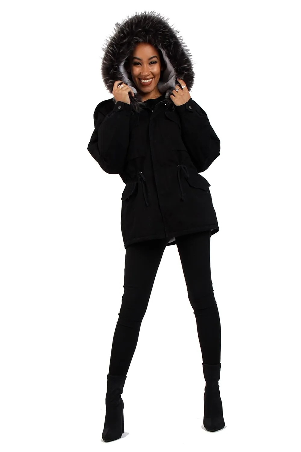 Oversized Faux Fur Trim Fleece Hooded Parka Jacket Coat