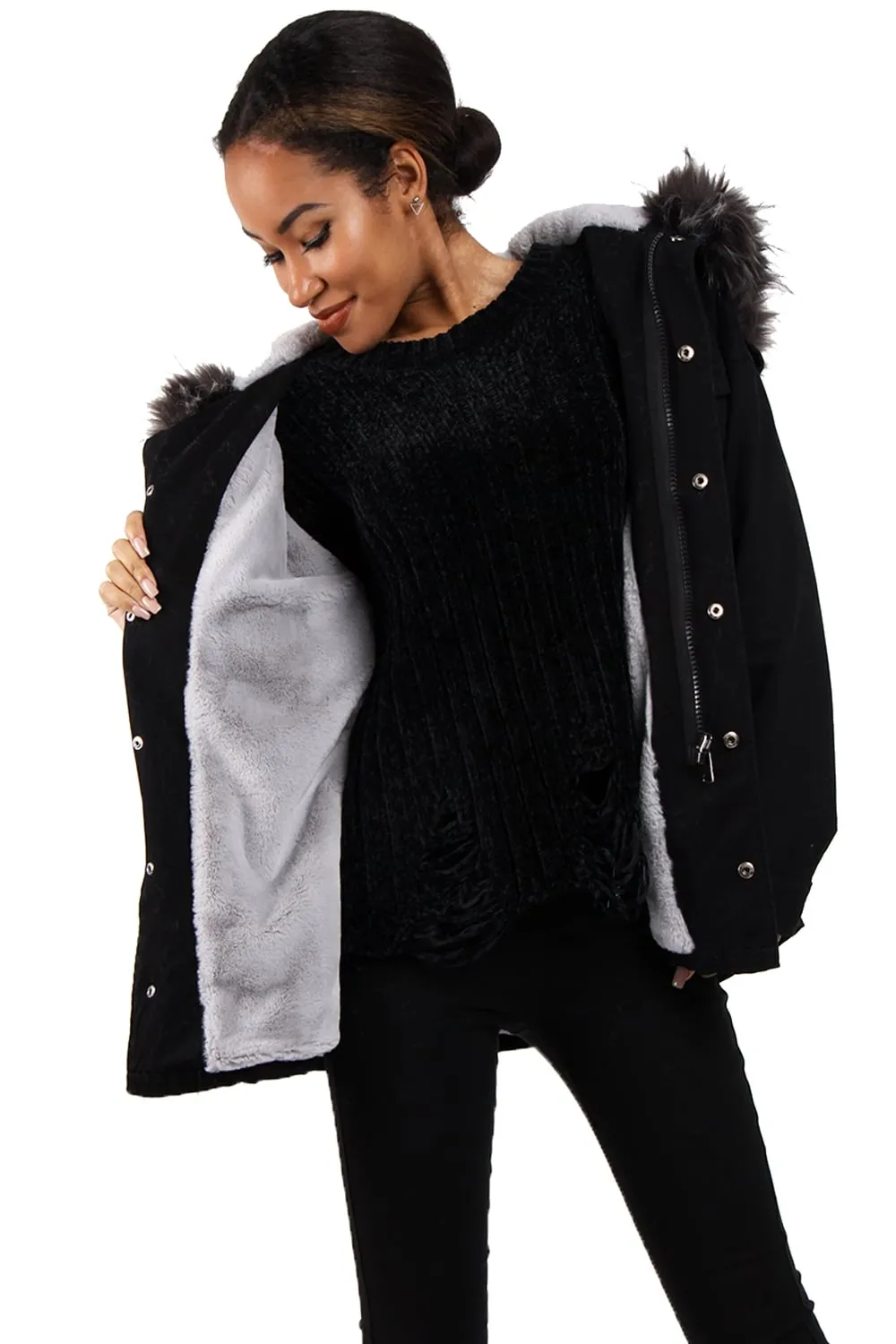 Oversized Faux Fur Trim Fleece Hooded Parka Jacket Coat