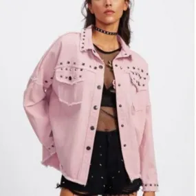 Pink drop Shoulder Frayed Hem Studded Jacket