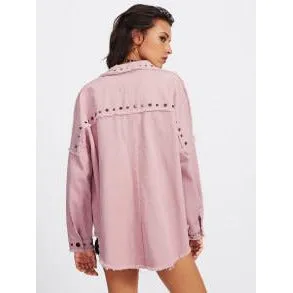 Pink drop Shoulder Frayed Hem Studded Jacket