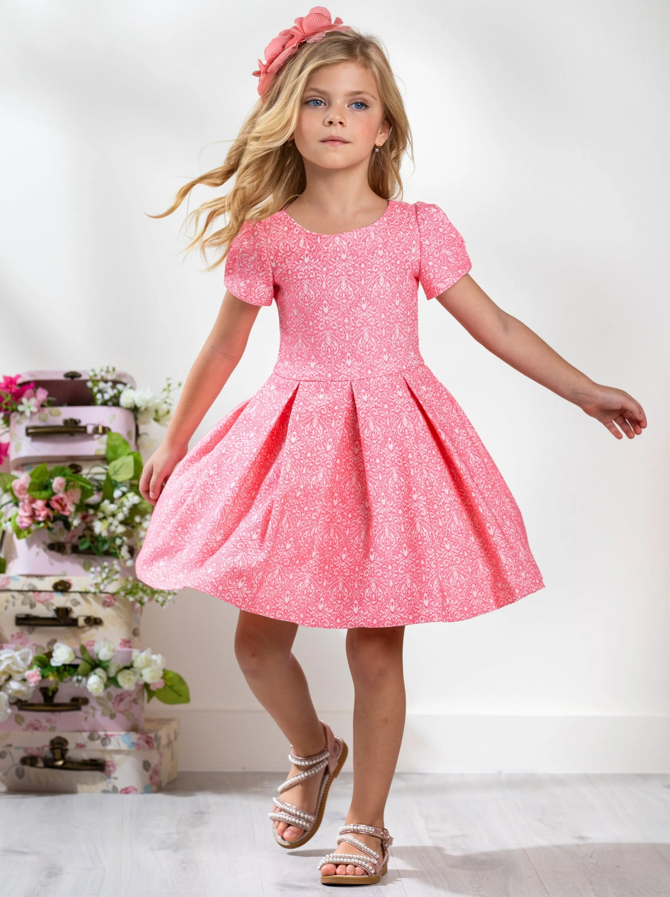 Pink Jacquard Pleated Midi Dress by Kids Couture