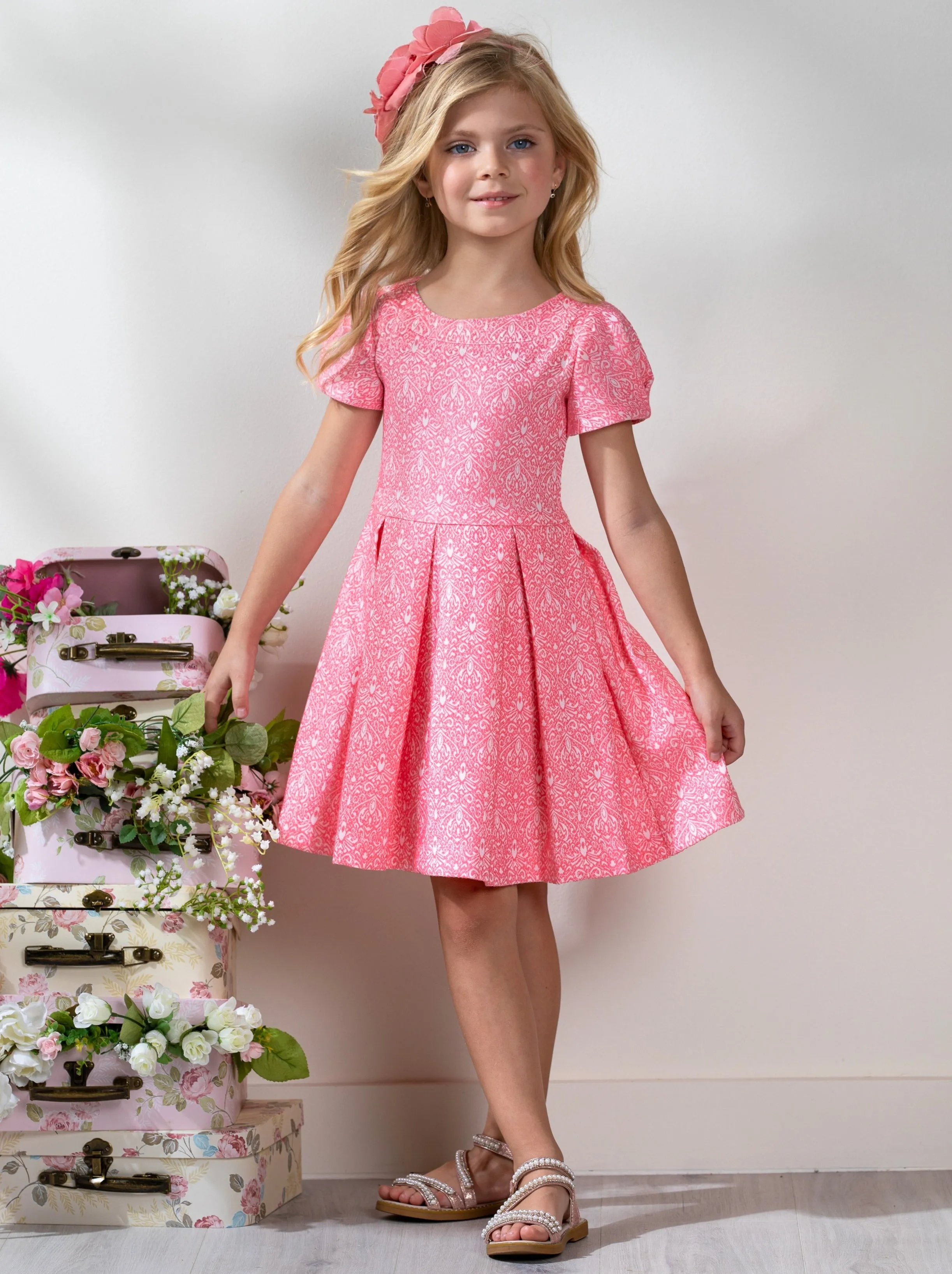 Pink Jacquard Pleated Midi Dress by Kids Couture