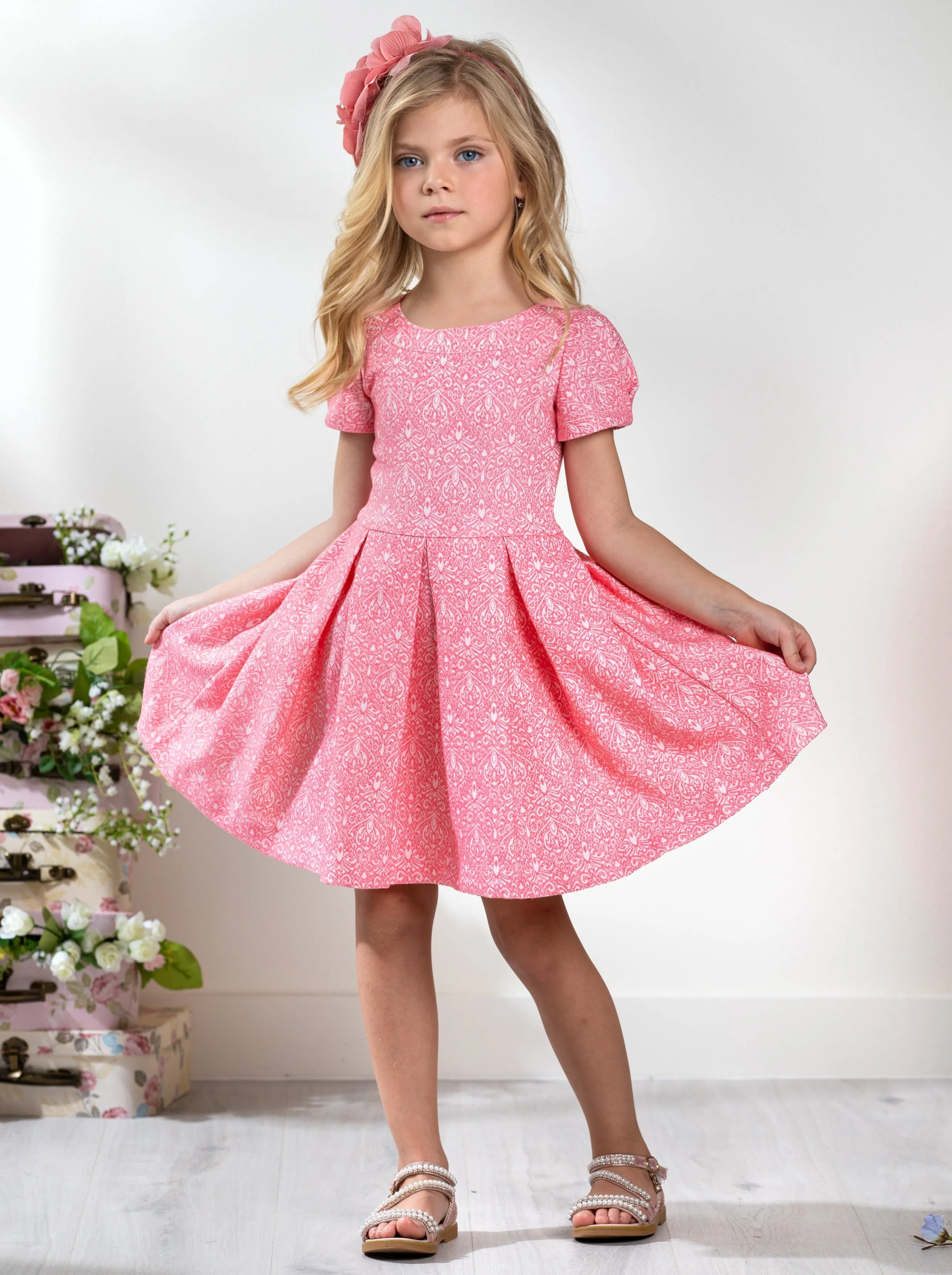 Pink Jacquard Pleated Midi Dress by Kids Couture