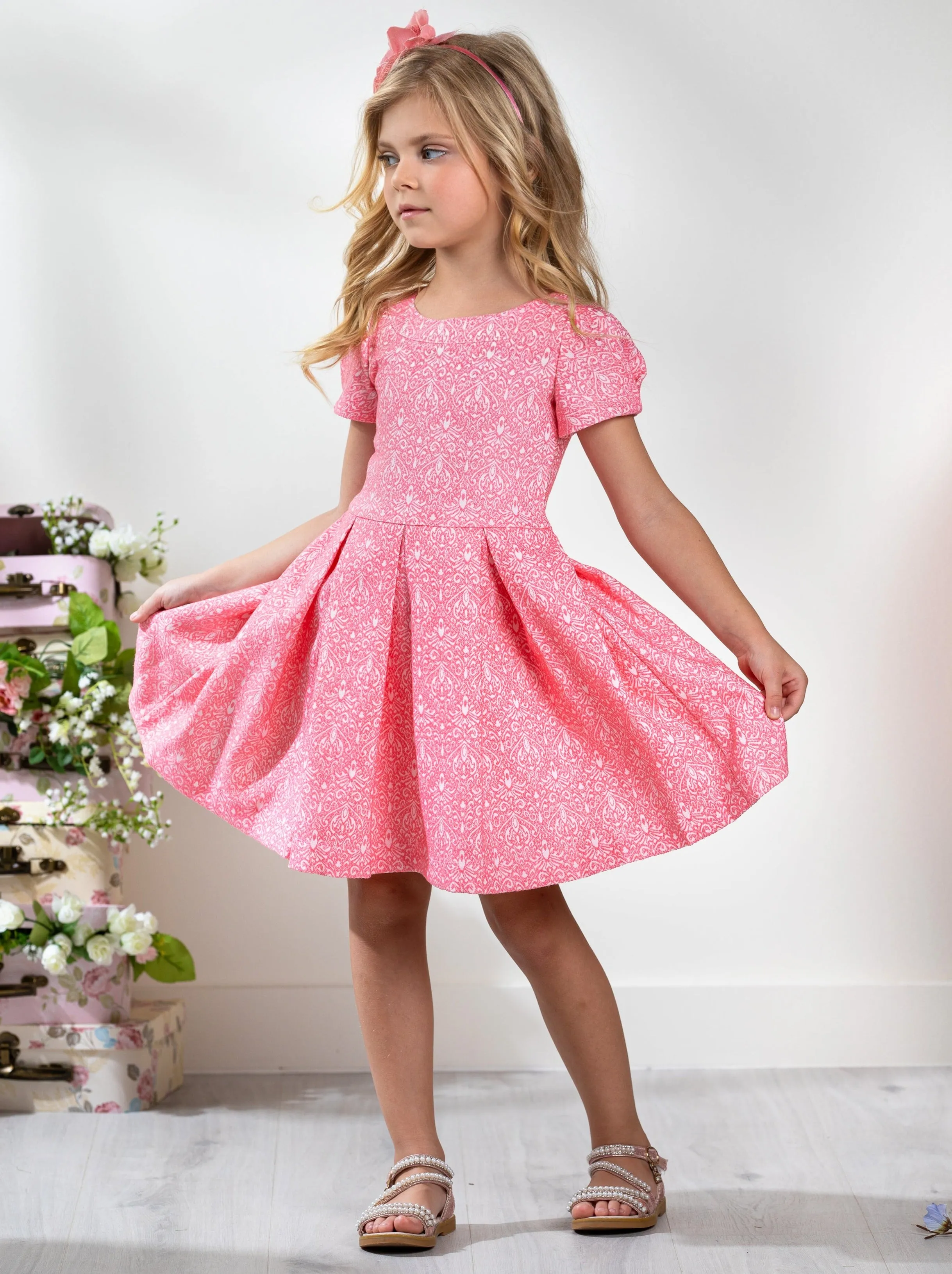 Pink Jacquard Pleated Midi Dress by Kids Couture