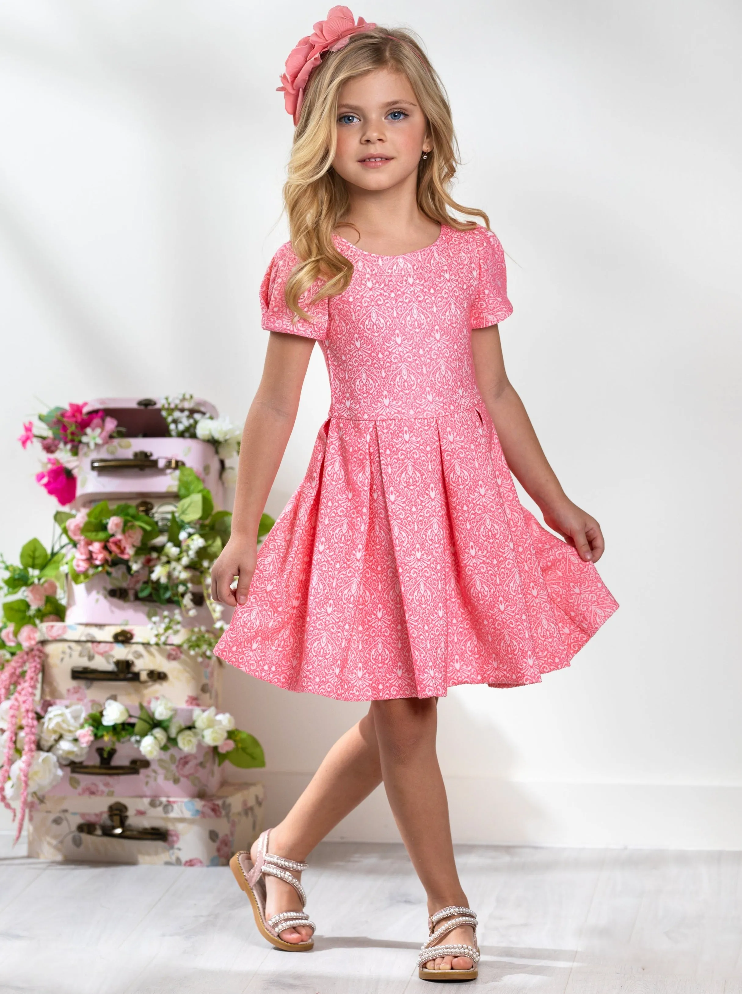 Pink Jacquard Pleated Midi Dress by Kids Couture