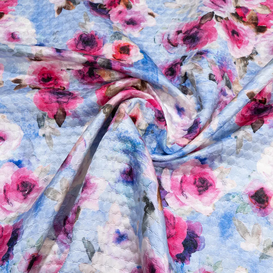 Pink Rose Printed Blue Cotton & Silk Blend Cloqué