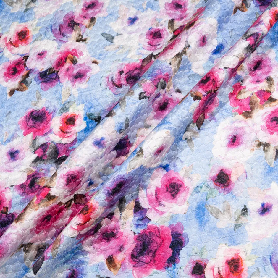 Pink Rose Printed Blue Cotton & Silk Blend Cloqué