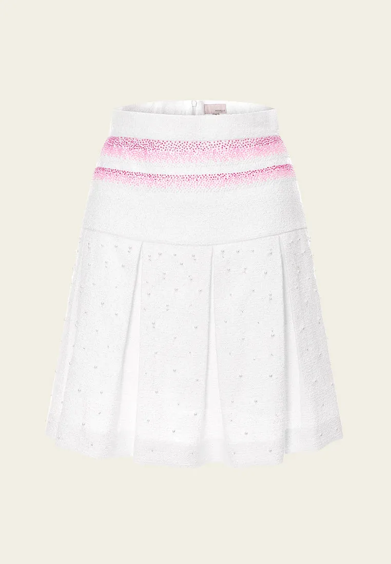 Pink Stripe White Tweed Pleated Skirt