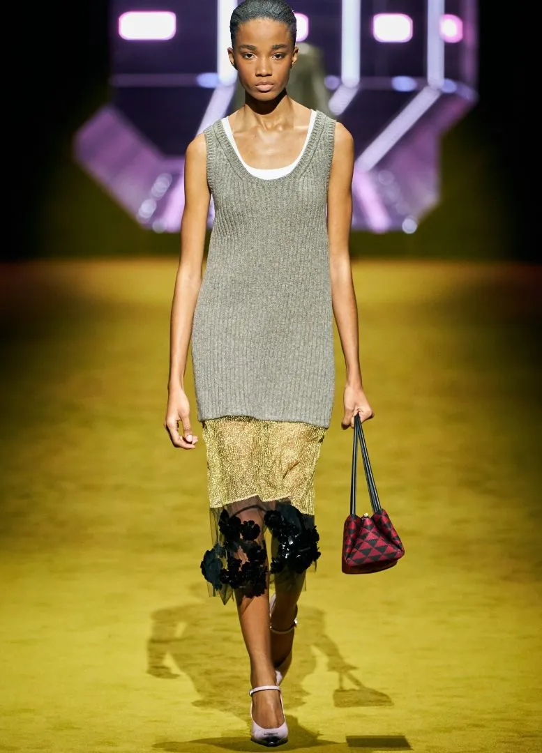 Prada fall'22 knitted slip dress, grey, gold & black, 8