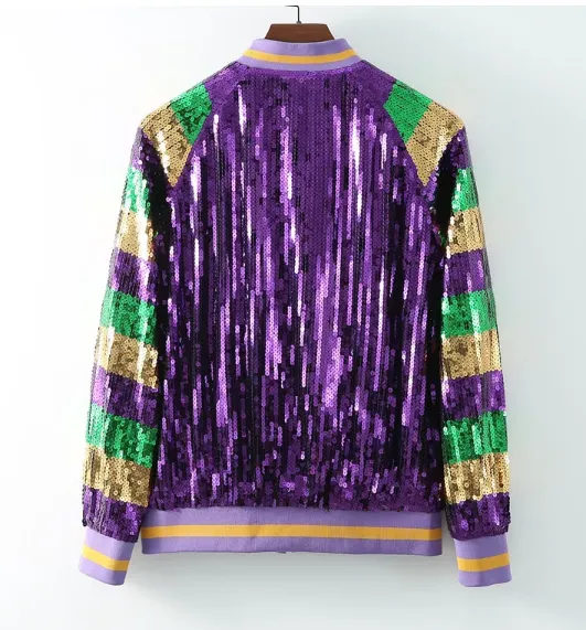 Purple Sequin Striped Baseball Jacket