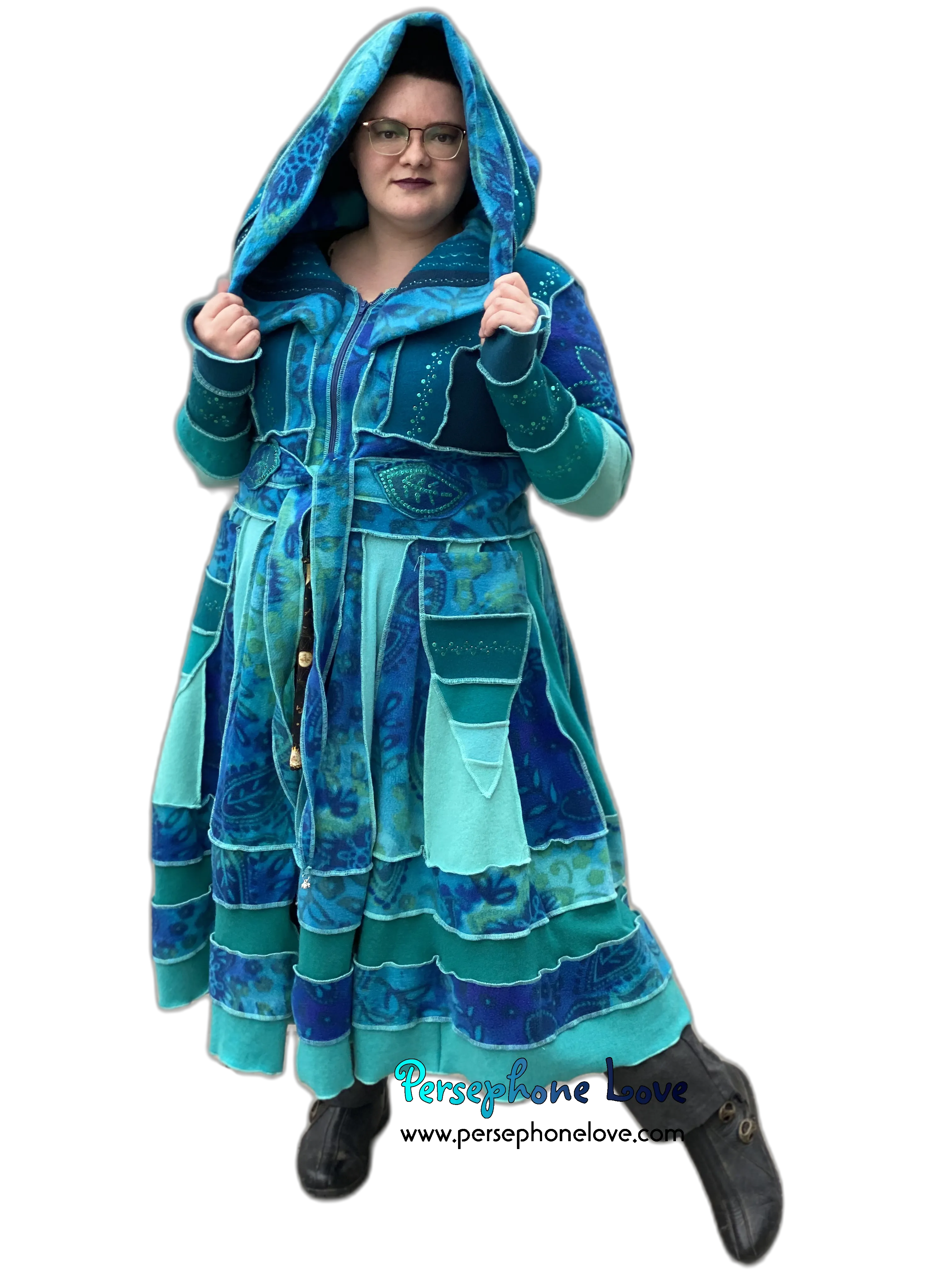 "Underwater" GODDESS SIZE Teal embroidered/felted/sequins cashmere patchwork Katwise-inspired sweatercoat-2542