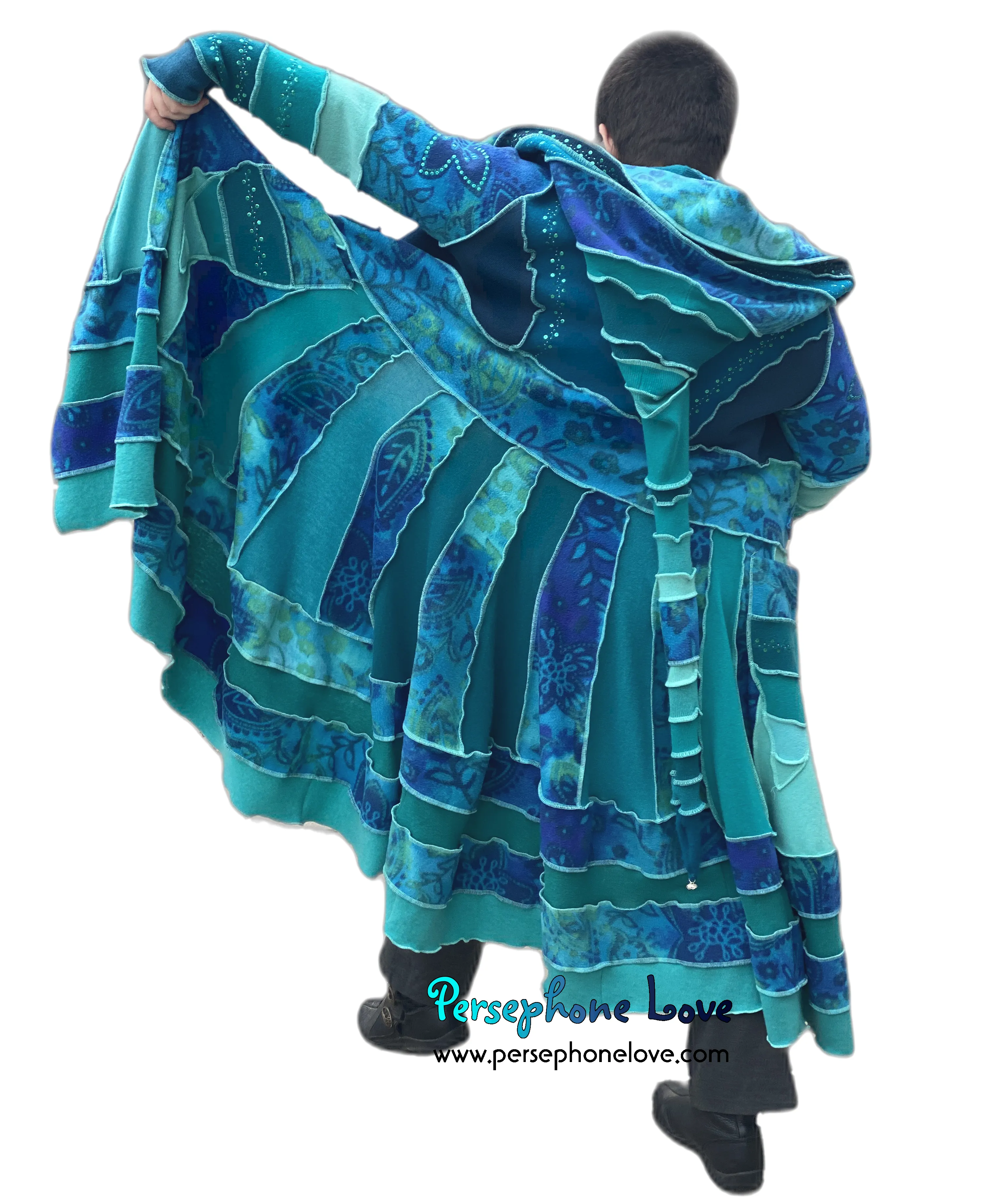 "Underwater" GODDESS SIZE Teal embroidered/felted/sequins cashmere patchwork Katwise-inspired sweatercoat-2542