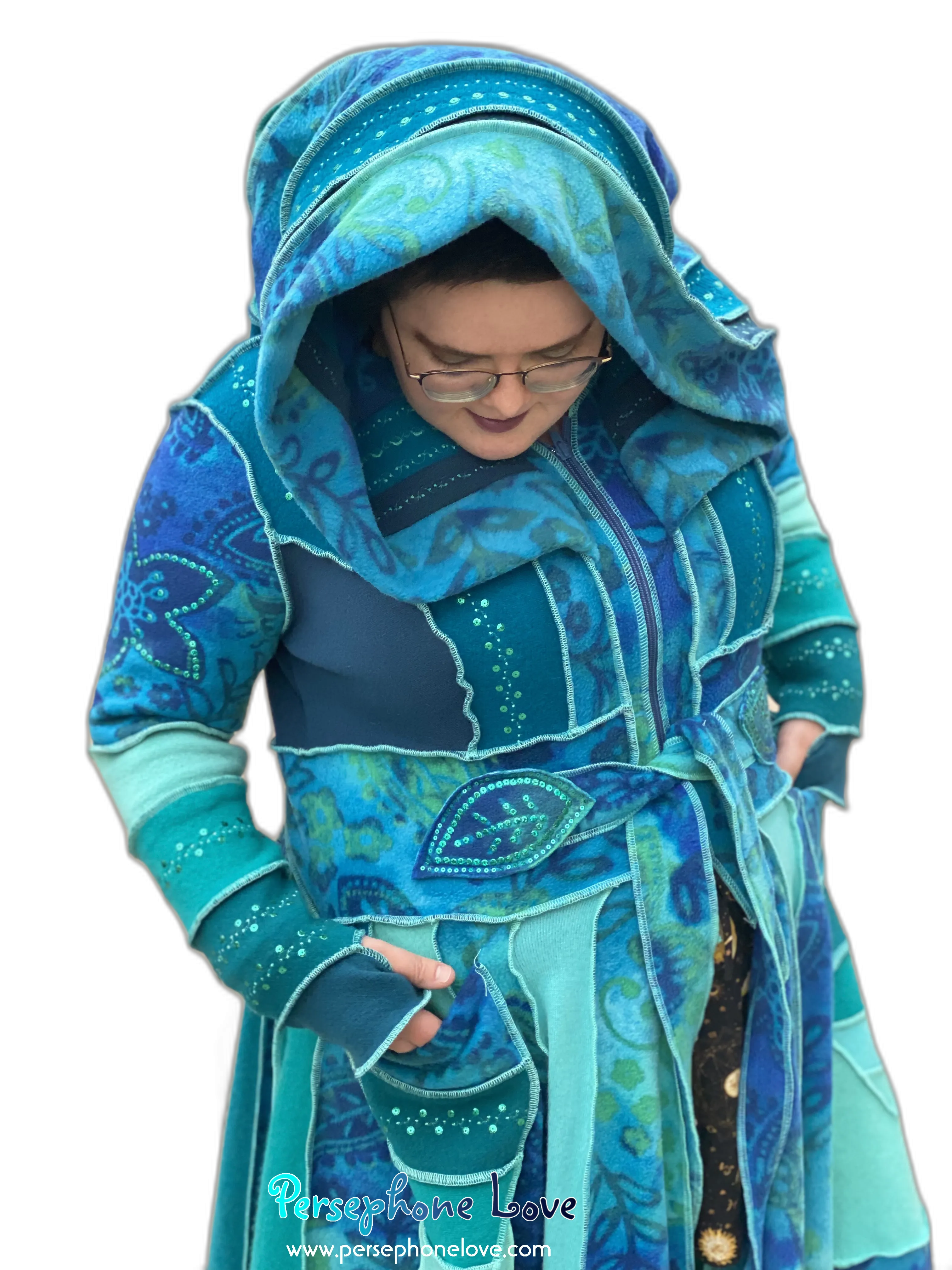 "Underwater" GODDESS SIZE Teal embroidered/felted/sequins cashmere patchwork Katwise-inspired sweatercoat-2542