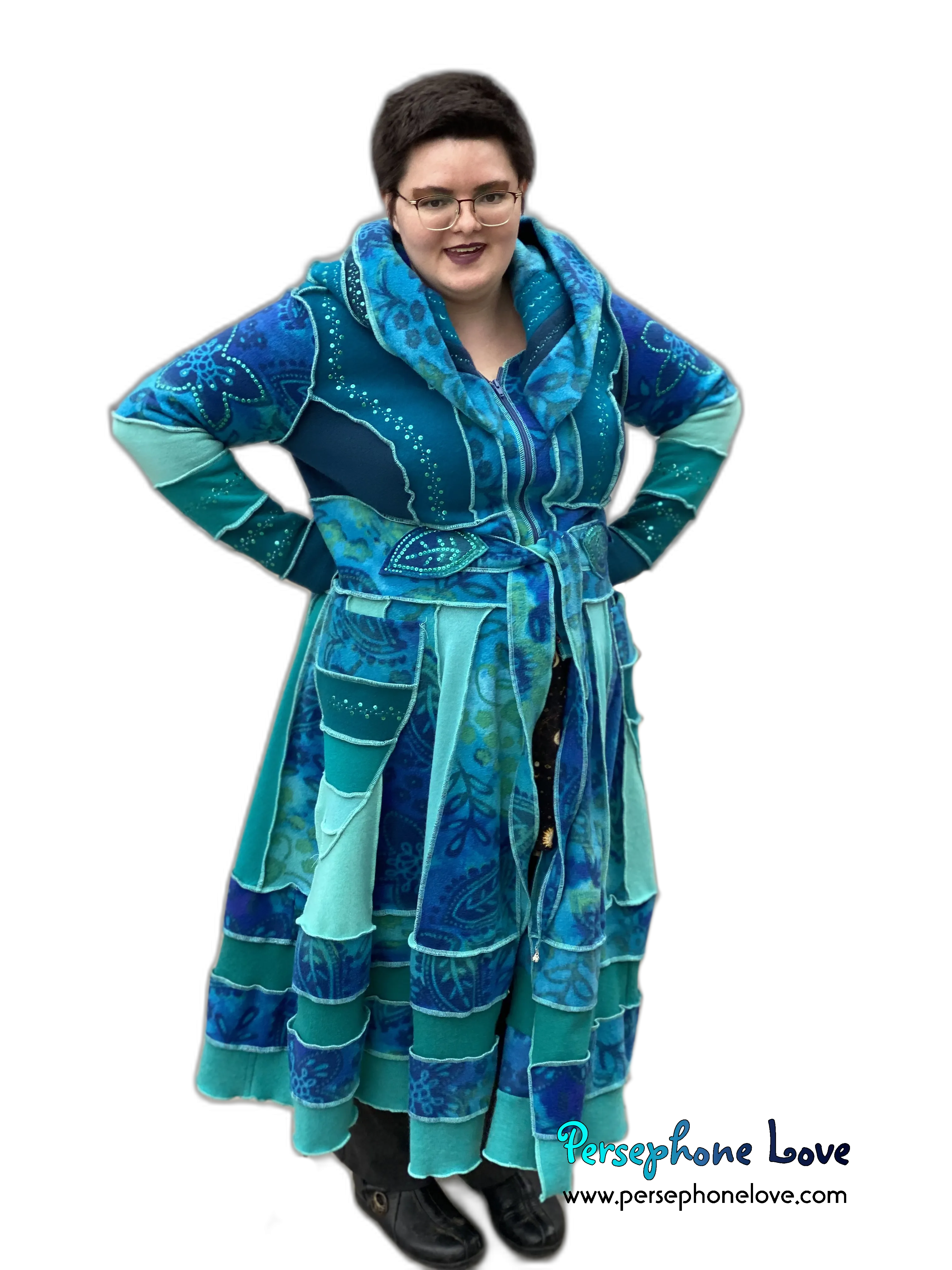 "Underwater" GODDESS SIZE Teal embroidered/felted/sequins cashmere patchwork Katwise-inspired sweatercoat-2542