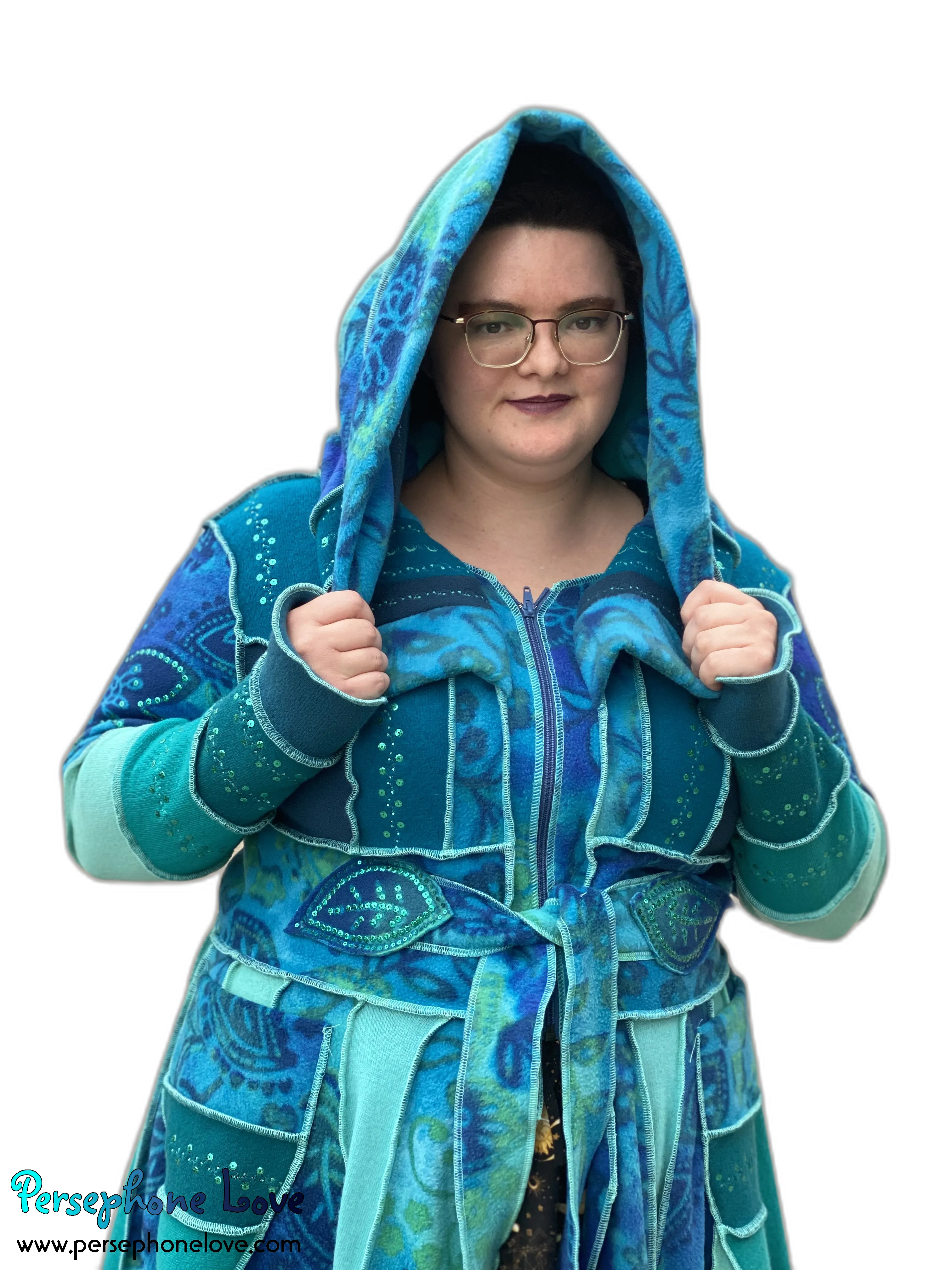 "Underwater" GODDESS SIZE Teal embroidered/felted/sequins cashmere patchwork Katwise-inspired sweatercoat-2542