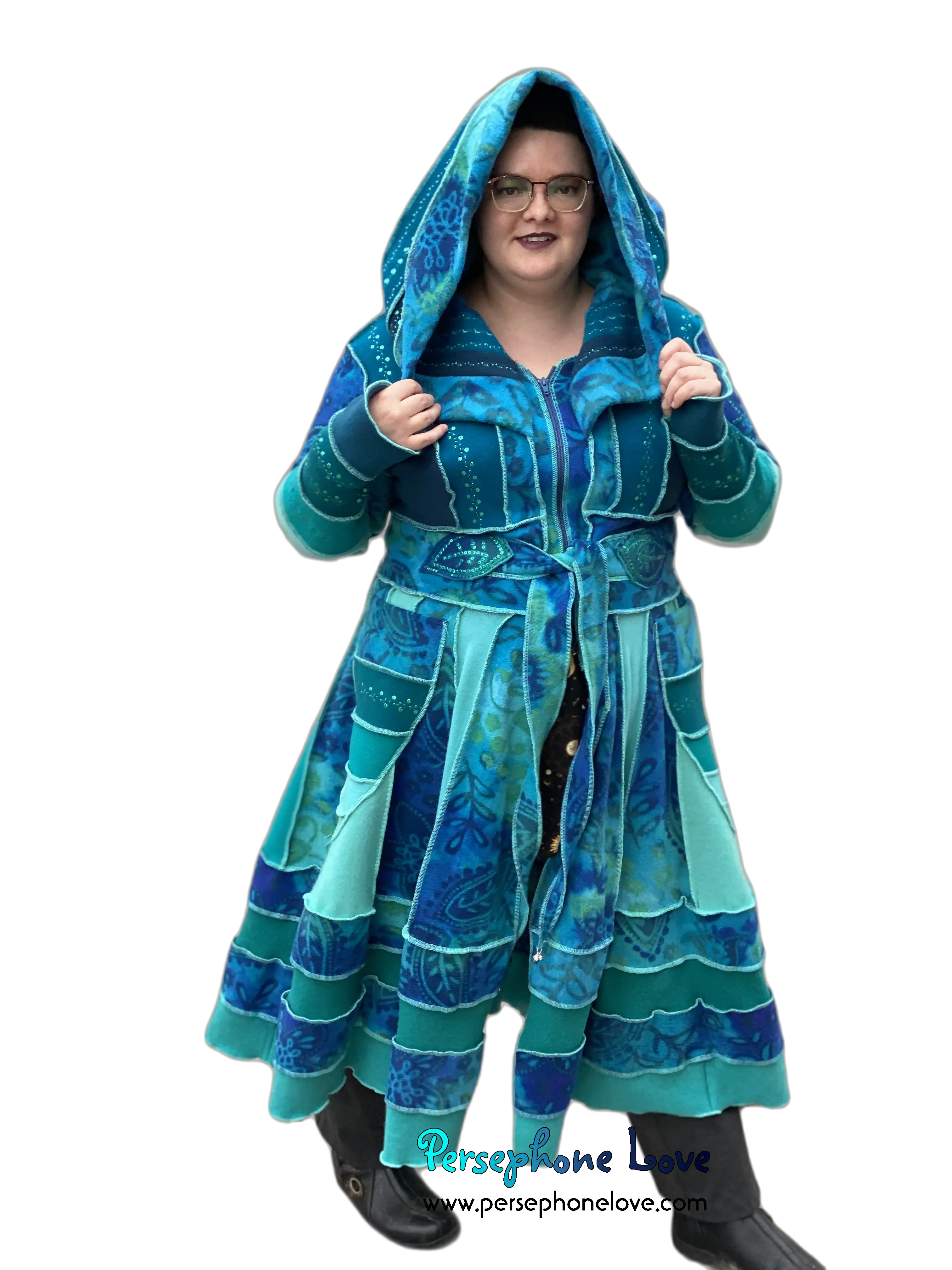 "Underwater" GODDESS SIZE Teal embroidered/felted/sequins cashmere patchwork Katwise-inspired sweatercoat-2542