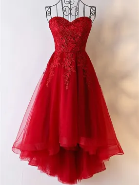 Red High Low Strapless Lace Tulle Prom, Red Lace Formal Evening, Red Graduation