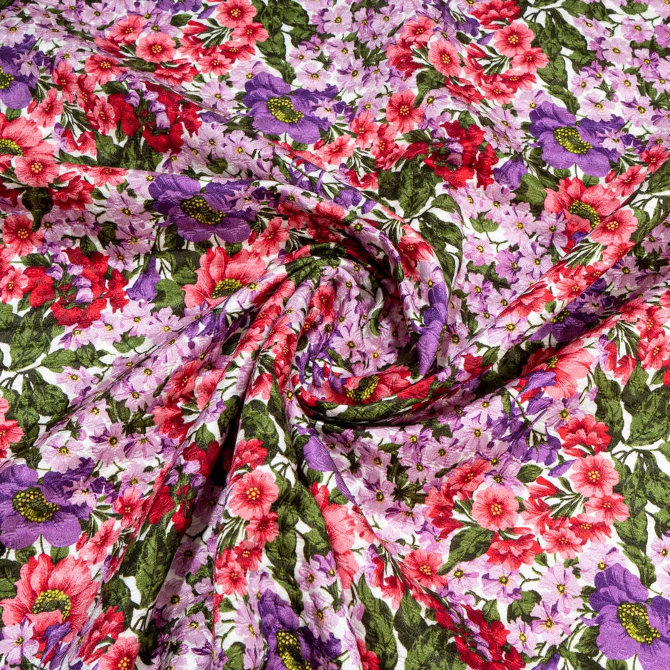 Red, Lilac & Purple Floral Printed Cotton Blend Cloqué