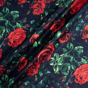 Red Rose on Midnight Blue Cotton & Silk Blend Cloqué