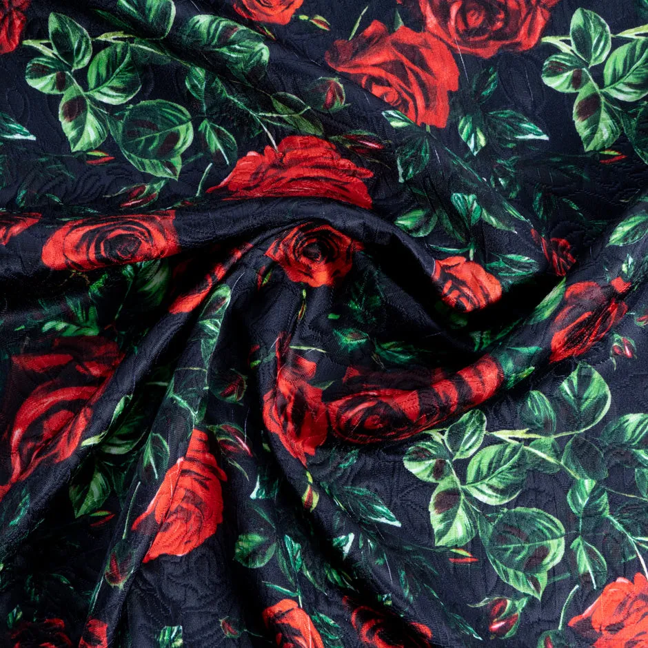 Red Rose on Midnight Blue Cotton & Silk Blend Cloqué