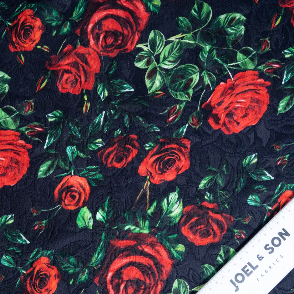 Red Rose on Midnight Blue Cotton & Silk Blend Cloqué