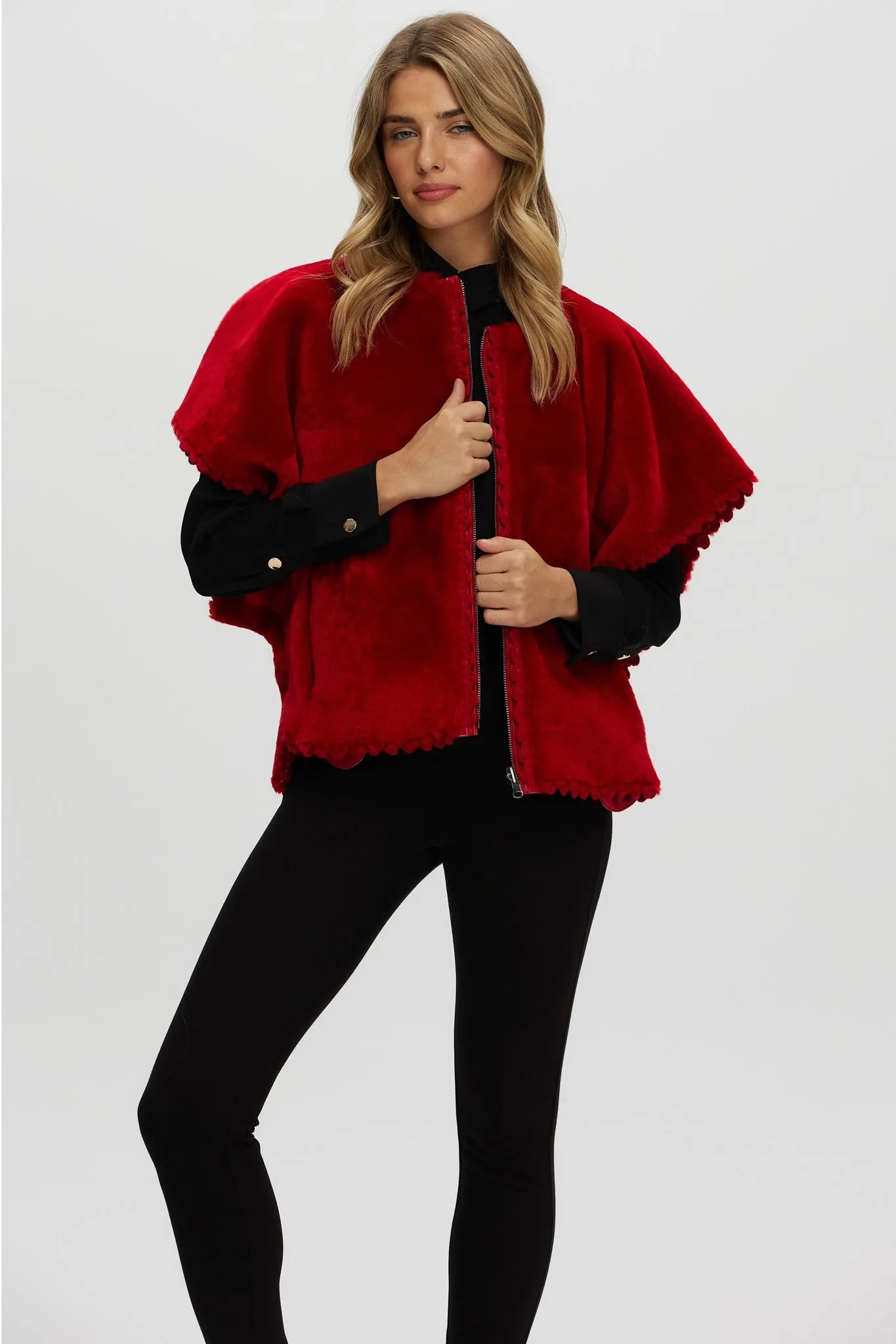 Reversible Select Shearling Lamb Collarless Jacket with Embroidered Trim