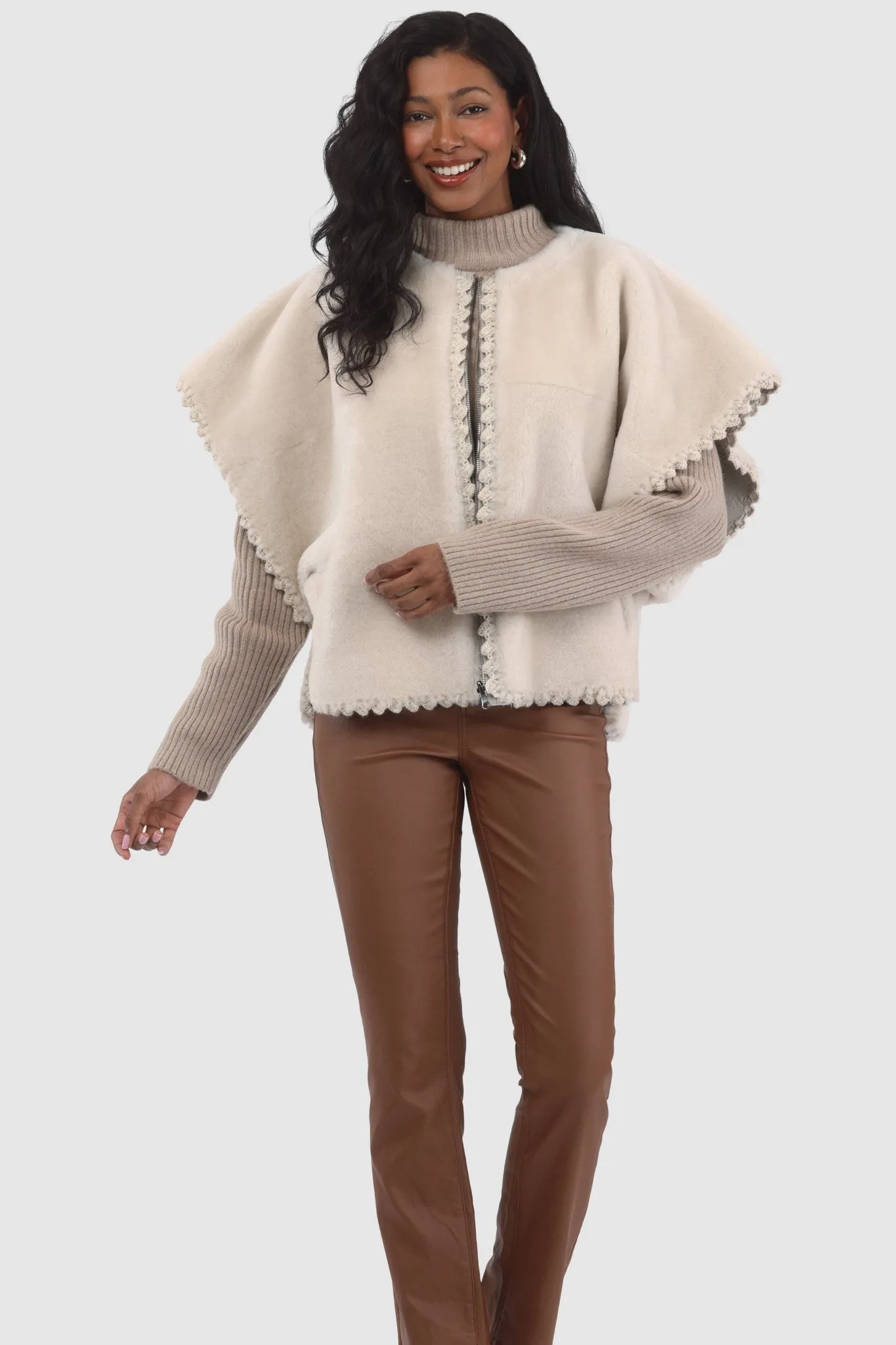 Reversible Select Shearling Lamb Collarless Jacket with Embroidered Trim