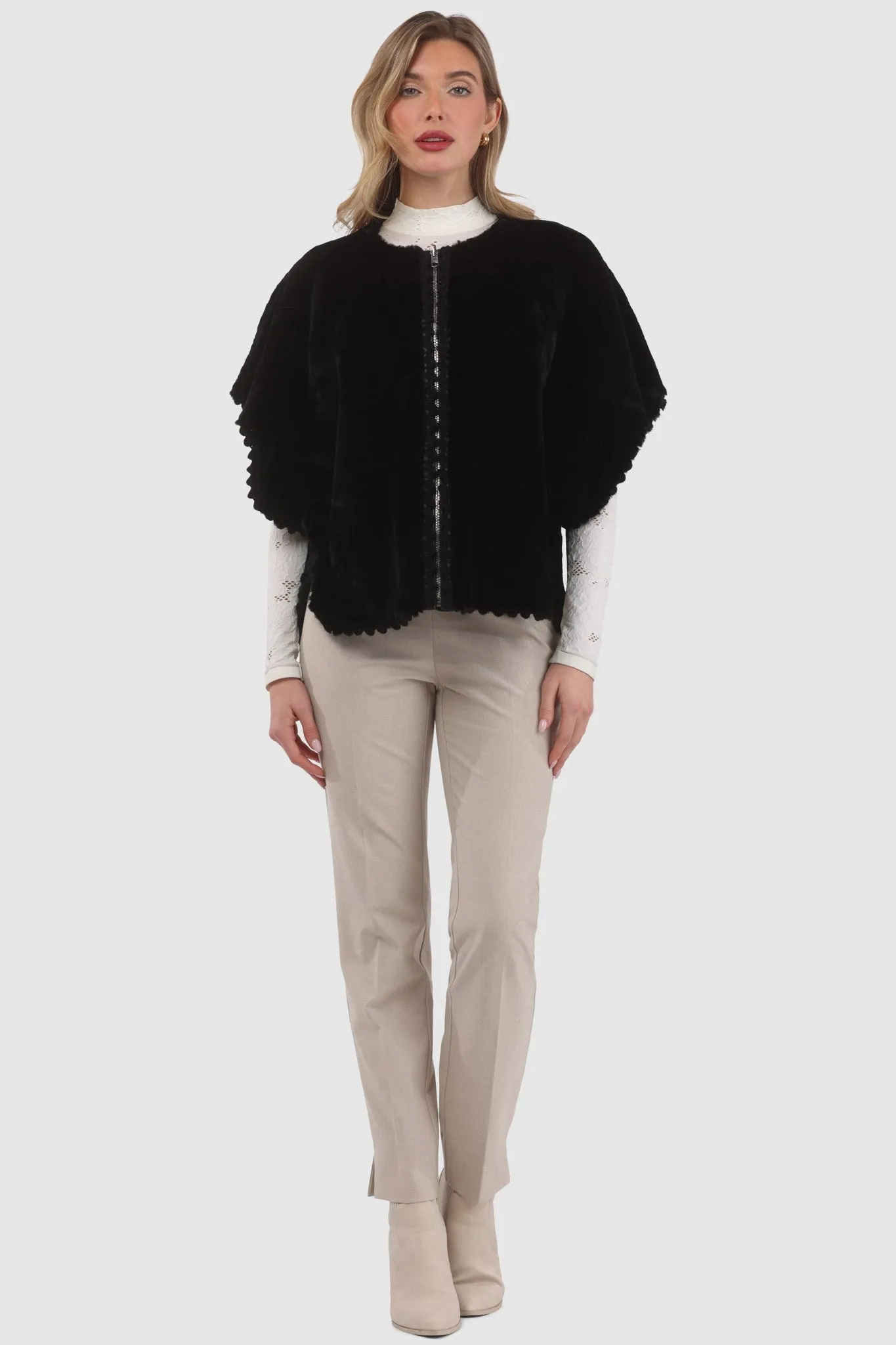 Reversible Select Shearling Lamb Collarless Jacket with Embroidered Trim