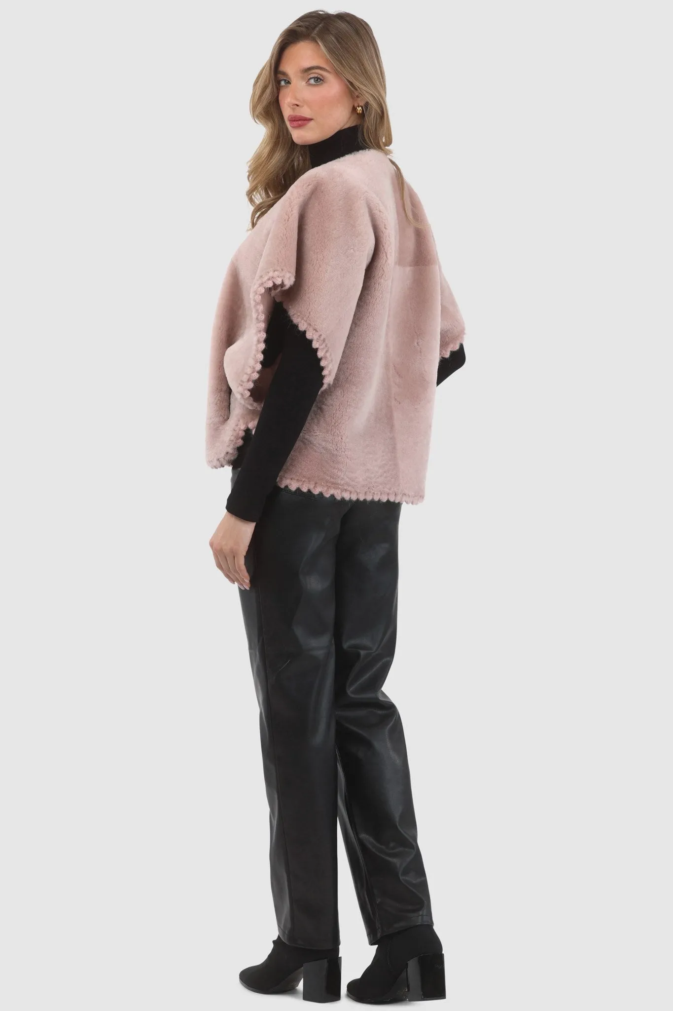 Reversible Select Shearling Lamb Collarless Jacket with Embroidered Trim