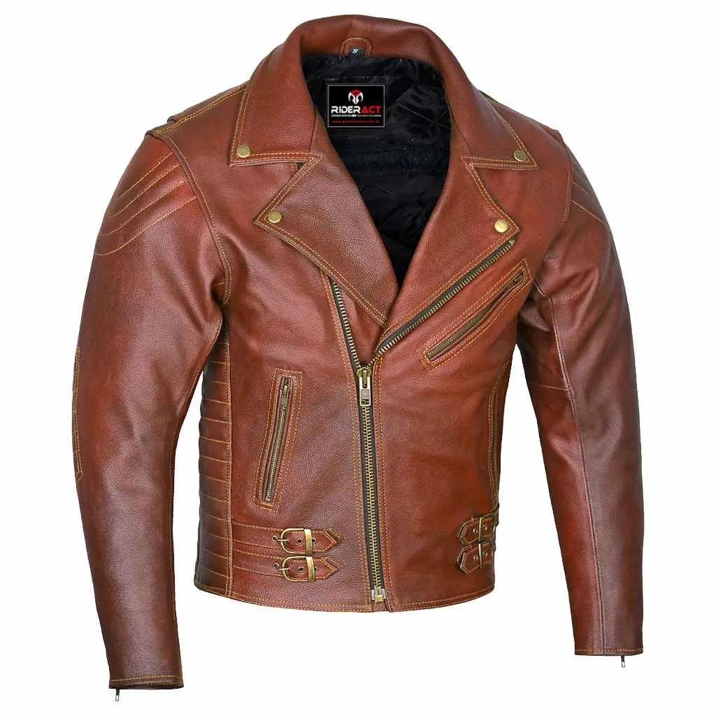 RIDERACT® Men Leather Motorcycle Jacket Brando Style Tan Brown Moto Jacket