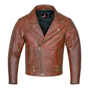 RIDERACT® Men Leather Motorcycle Jacket Brando Style Tan Brown Moto Jacket