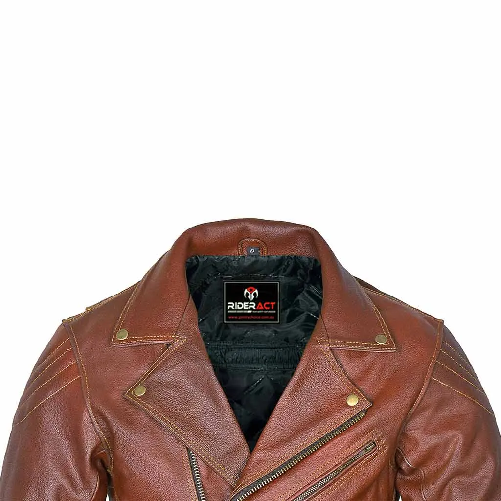 RIDERACT® Men Leather Motorcycle Jacket Brando Style Tan Brown Moto Jacket