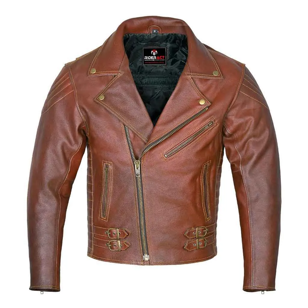 RIDERACT® Men Leather Motorcycle Jacket Brando Style Tan Brown Moto Jacket