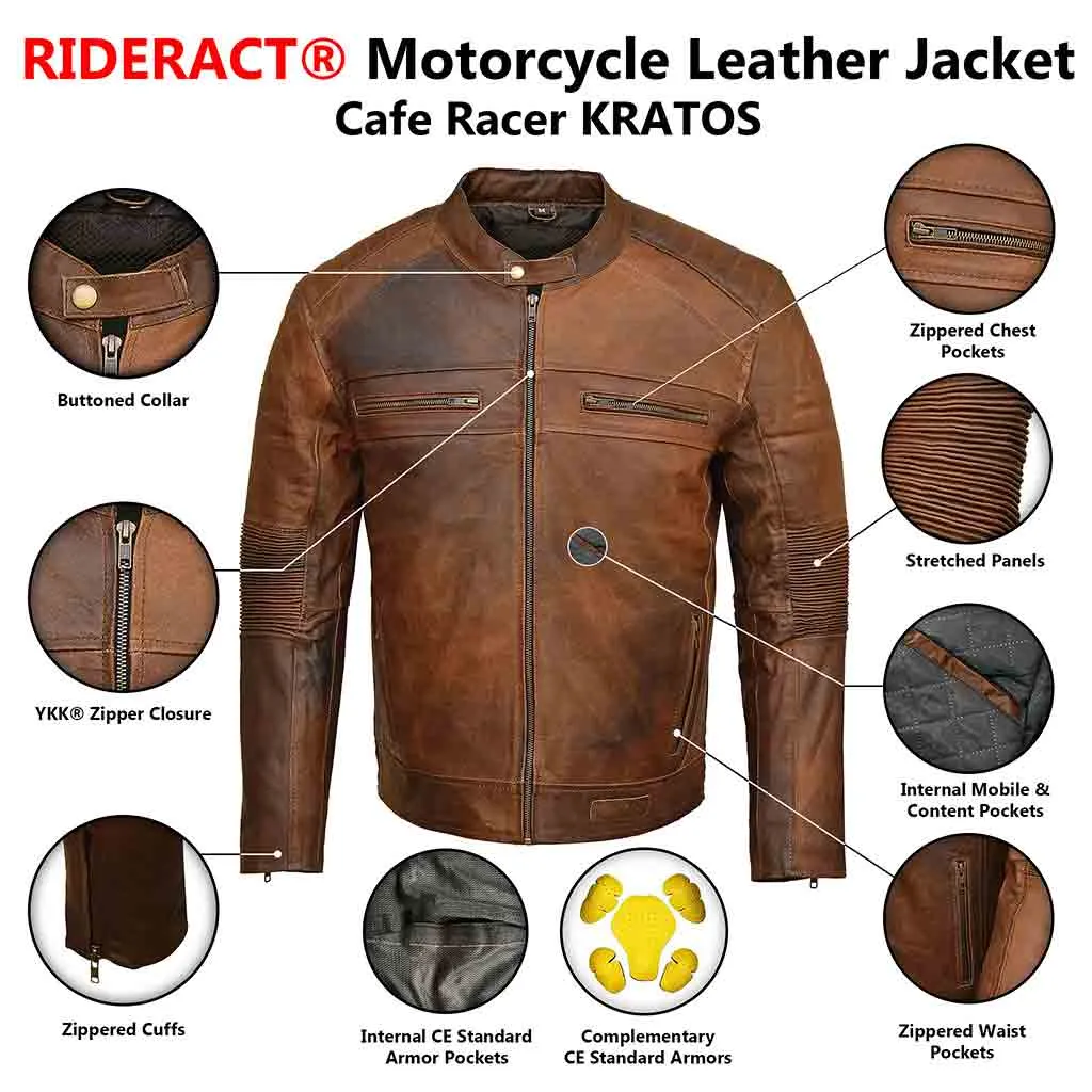 RIDERACT® Men Motorbike Jacket Leather Cafe Racer KRATOS