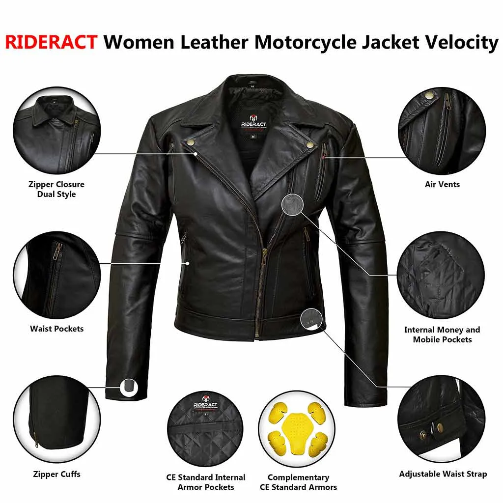 RIDERACT® Women Leather Motorcycle Jacket Velocity