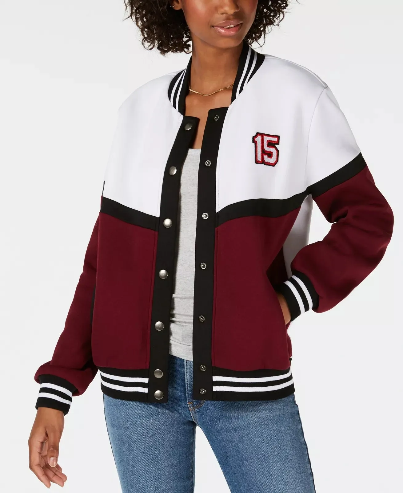 Say What? Juniors Letterman Snap Jacket,Size Large