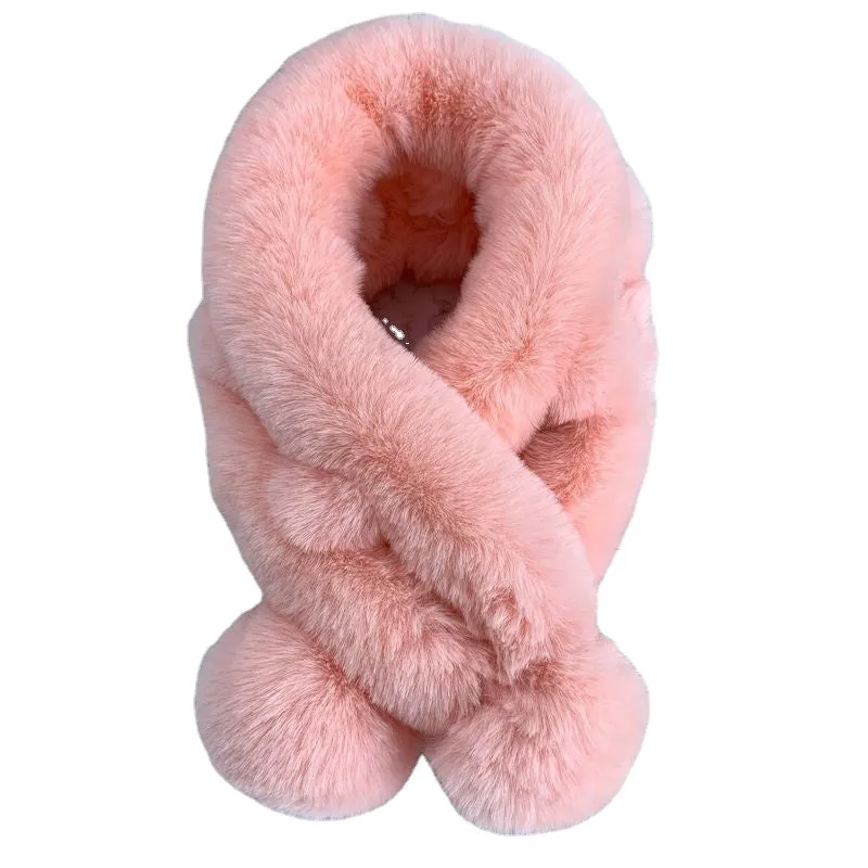 Scarf Female Autumn and Winter  Fur Rabbit Fur Plush Thick Warm Scarf Solid Color Fur Ball Cross Student Children