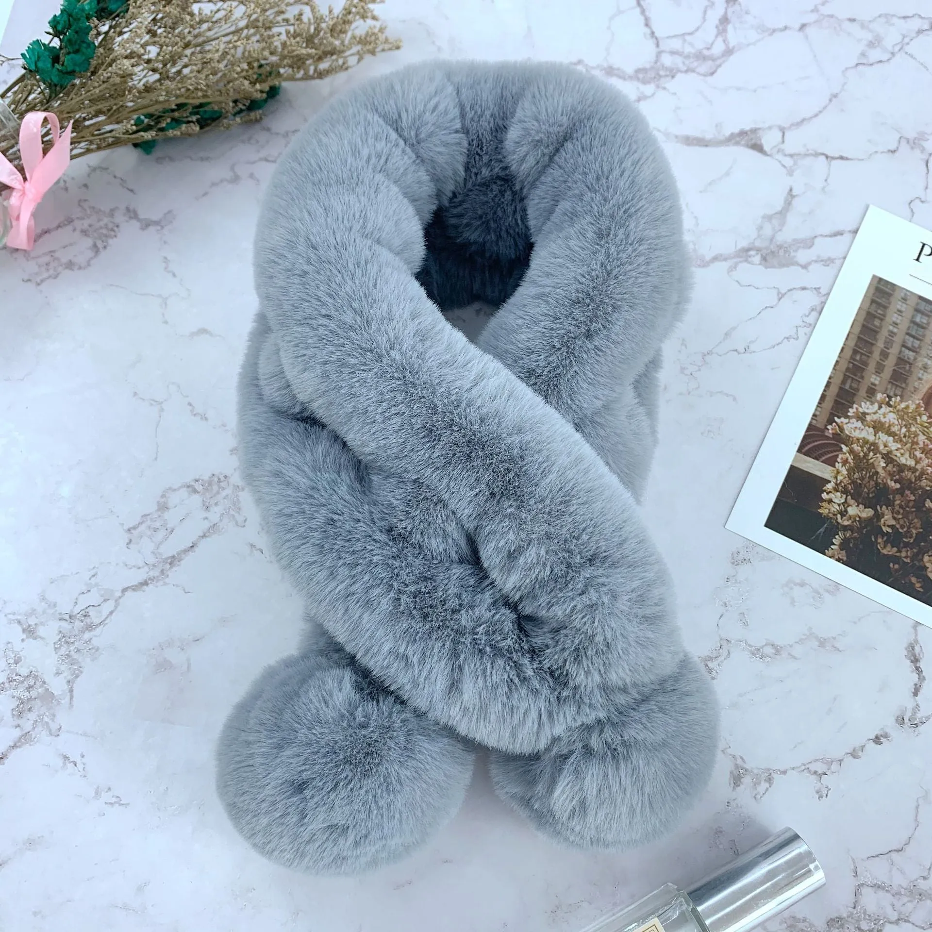 Scarf Female Autumn and Winter  Fur Rabbit Fur Plush Thick Warm Scarf Solid Color Fur Ball Cross Student Children